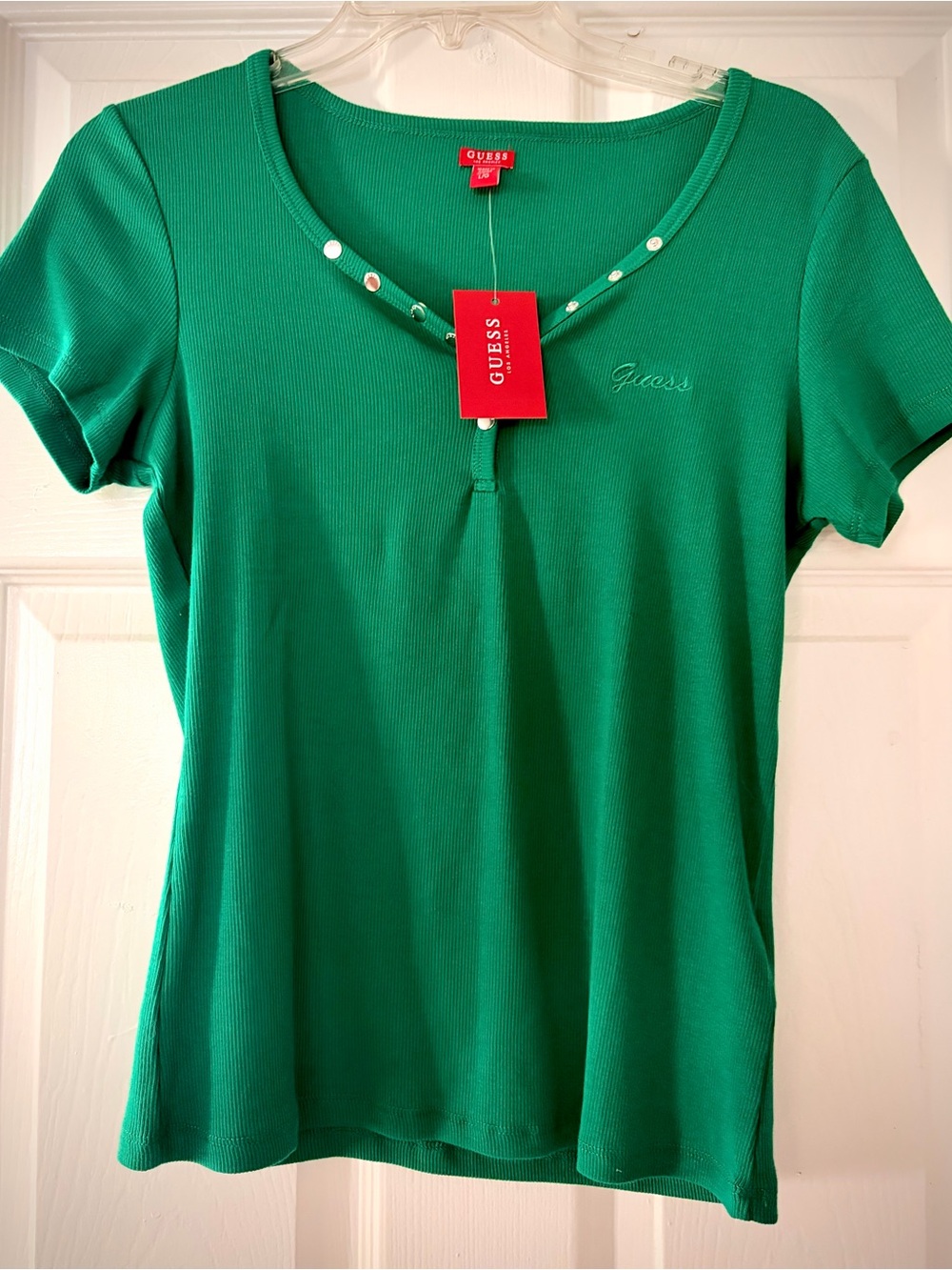 GUESS Green Short Sleeve Scoop Neck Tee with Stud Accents
